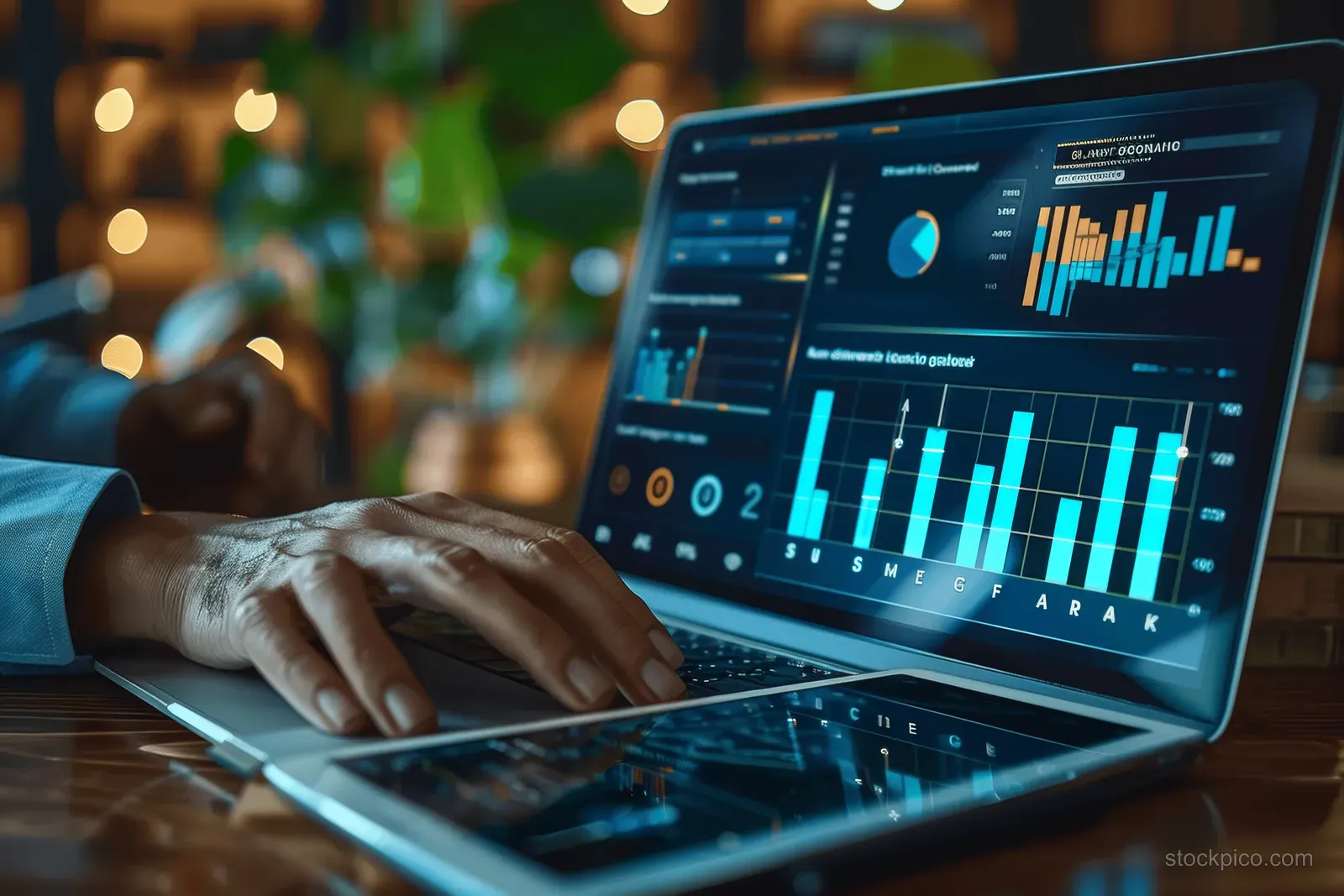 Hands typing on a laptop showing sales bar charts and dashboard indicators in a softly lit office.