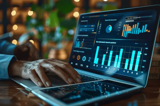 Hands typing on a laptop showing sales bar charts and dashboard indicators in a softly lit office.