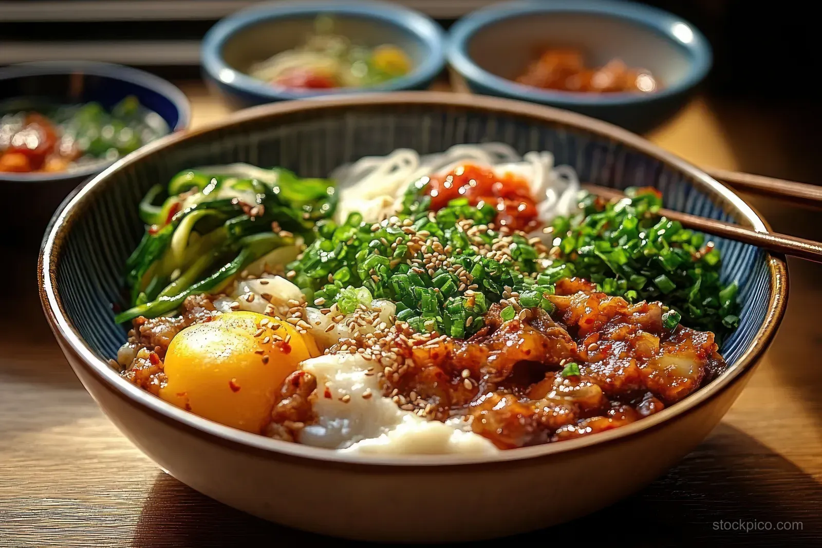 Close-up of an Asian noodle bowl with green vegetables, sesame seeds, chopped onions, and an egg yolk on sauces.