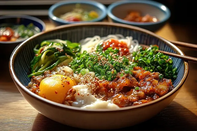 Close-up Asian noodle bowl with green vegetables, sesame, and egg yolk over sauces