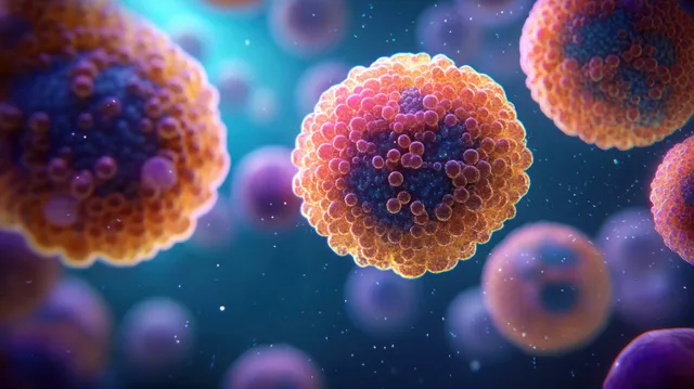 Luminous microscopic bacterial spheres floating in a bluish gradient with small drifting particles.