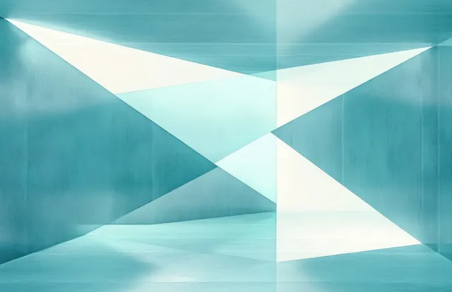 Intersecting geometric planes in a cool blue room cast crisp light and shadow angles across the interior.