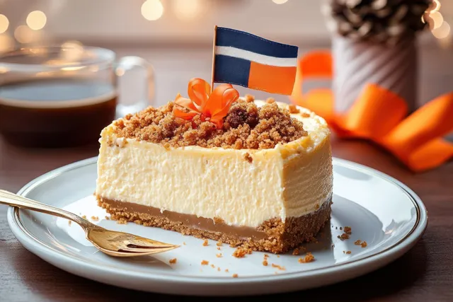 Creamy cheesecake slice with crumb topping on a white plate, gold fork nearby, small flag, and cup of coffee in warm light.
