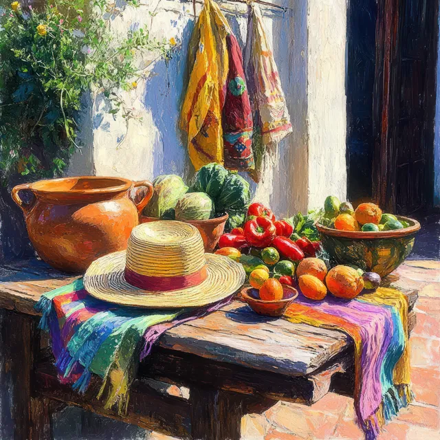 A sunlit rustic table holds vegetables and fruits under colorful hanging cloth, with a straw hat and clay pot nearby.