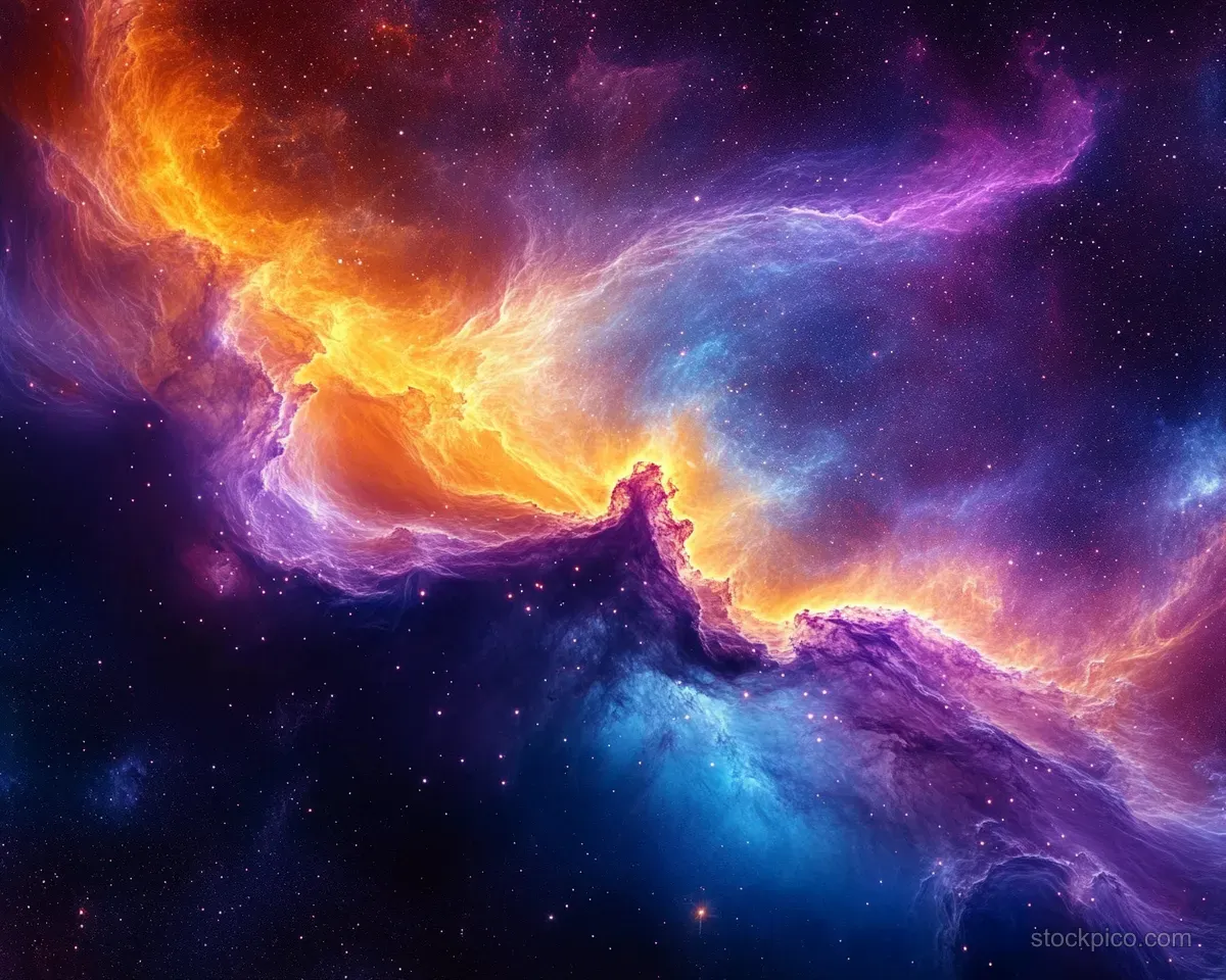 Swirling orange, purple, and blue nebula gas illuminated by a distant starfield in deep space.