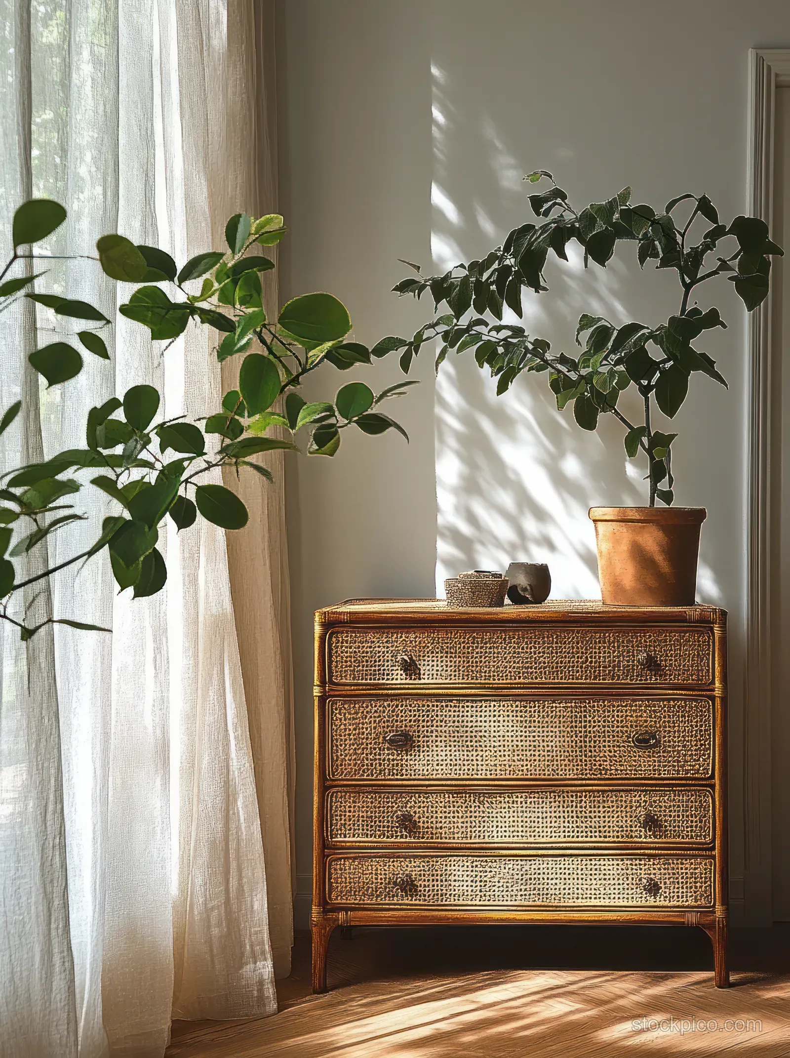Vintage rattan dresser in a Scandinavian living room near sheer curtains with potted plants and warm sunlight.