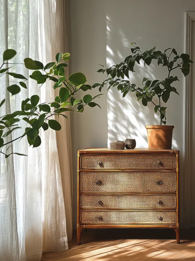 Vintage rattan dresser in a Scandinavian living room near sheer curtains with potted plants and warm sunlight.