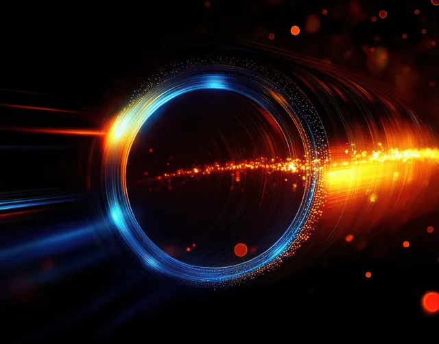 Blue and orange glowing particle ring with fast light streaks and sparks on a dark background.
