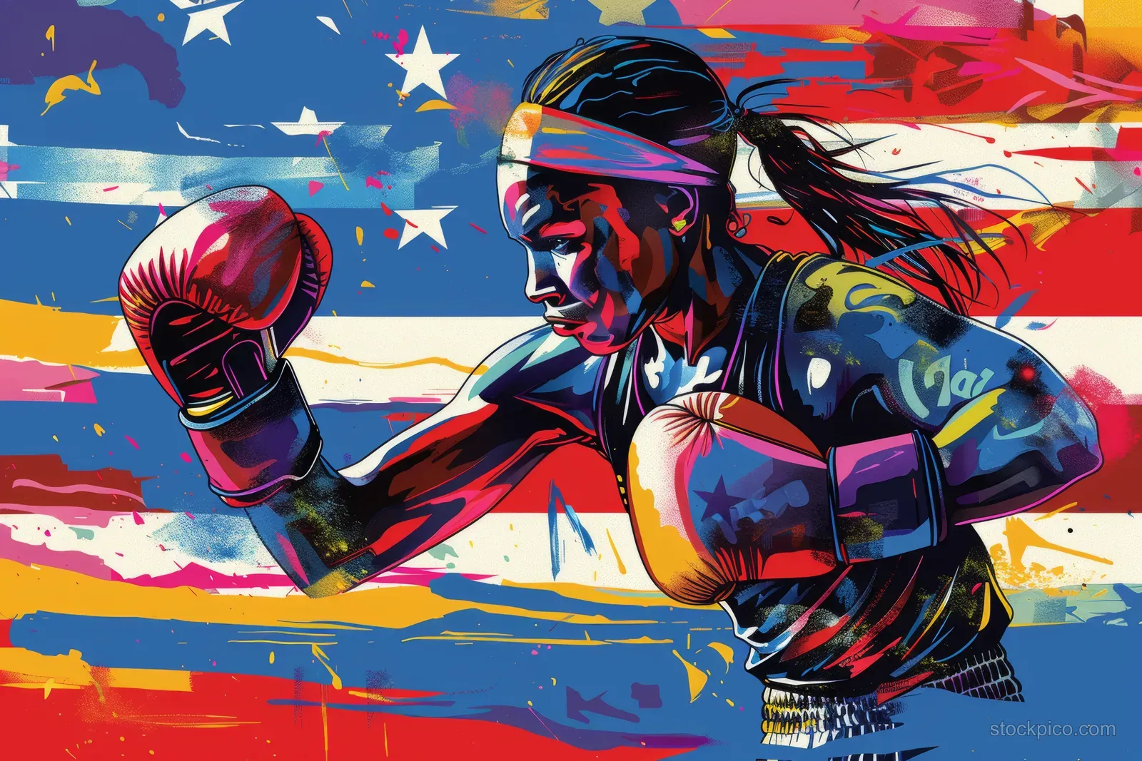 A female boxer throws a punch in front of a colorful stars-and-stripes mural backdrop.