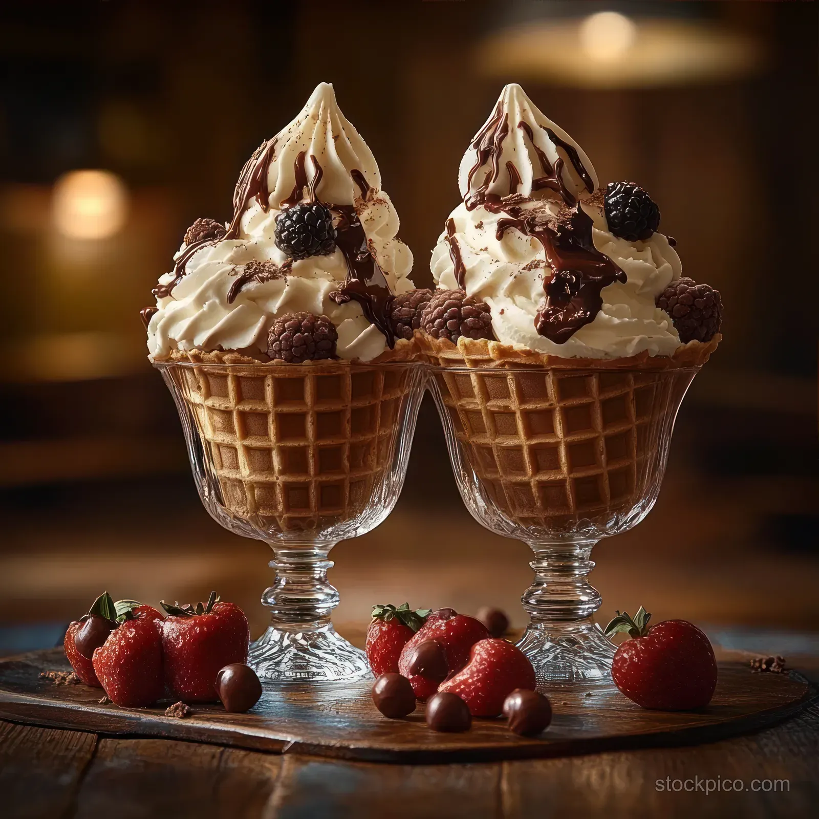 Two ice cream sundaes in waffle cone cups topped with chocolate drizzle and blackberries, with strawberries and chocolate pieces nearby.