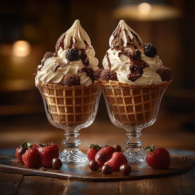 Two ice cream sundaes in waffle cone cups topped with chocolate drizzle and blackberries, with strawberries and chocolate pieces nearby.