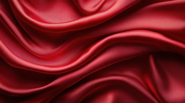 Close-up of rich red silk fabric with flowing folds and a soft glossy sheen under warm light.