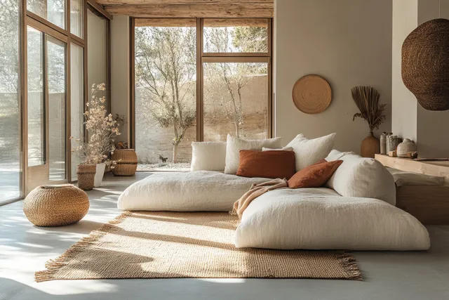 A multigenerational family sits and smiles together in a bright modern living room by large windows.
