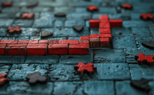 Red square blocks form a route across cracked wooden tiles while scattered pieces suggest risk and wrong turns.