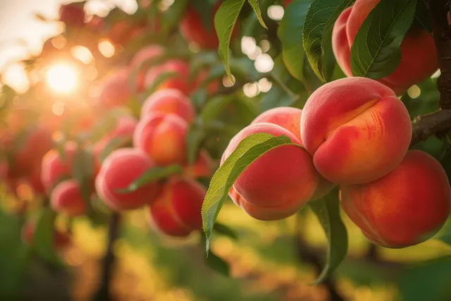 Ripe peaches hanging on green branches in a sunlit orchard, glowing bokeh