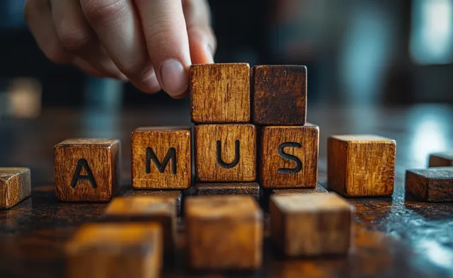 A hand moves wooden letter cubes from AMUS toward ABUSE, with warm blurred background blocks.