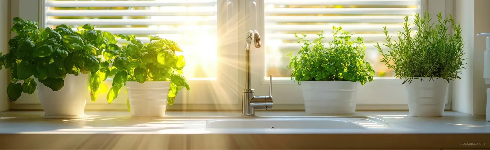 Four potted green herbs on a kitchen windowsill next to a white sink, illuminated by sunlight through window blinds.