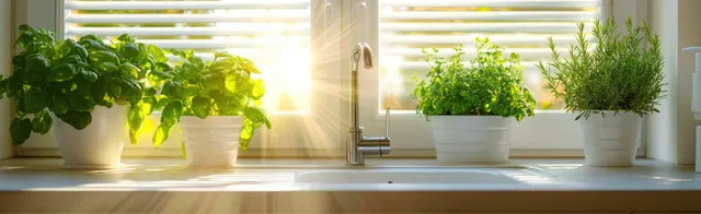 Four potted green herbs by a kitchen sink, sunbeams through window blinds