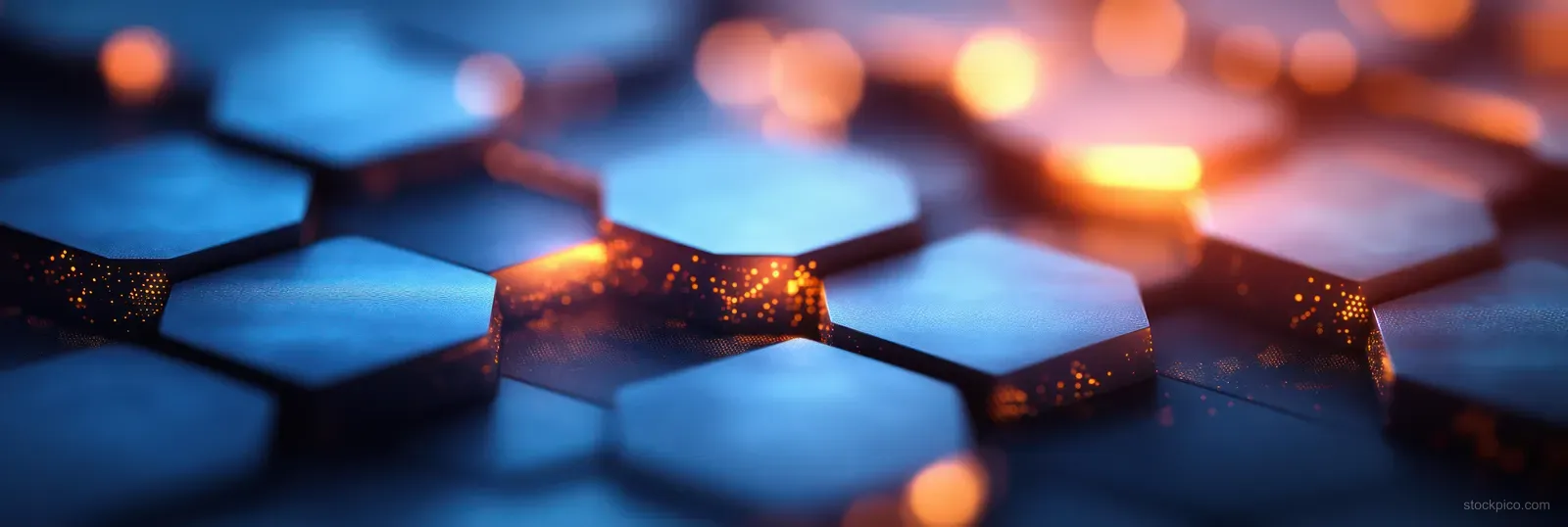 Glowing hexagon network pattern background with orange data sparks and blurred medical-tech light effects.