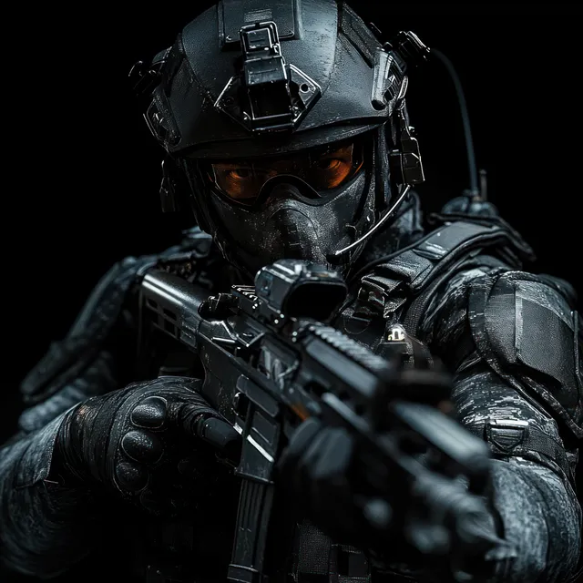 A masked futuristic soldier in armored tactical gear aims a rifle against a black background.