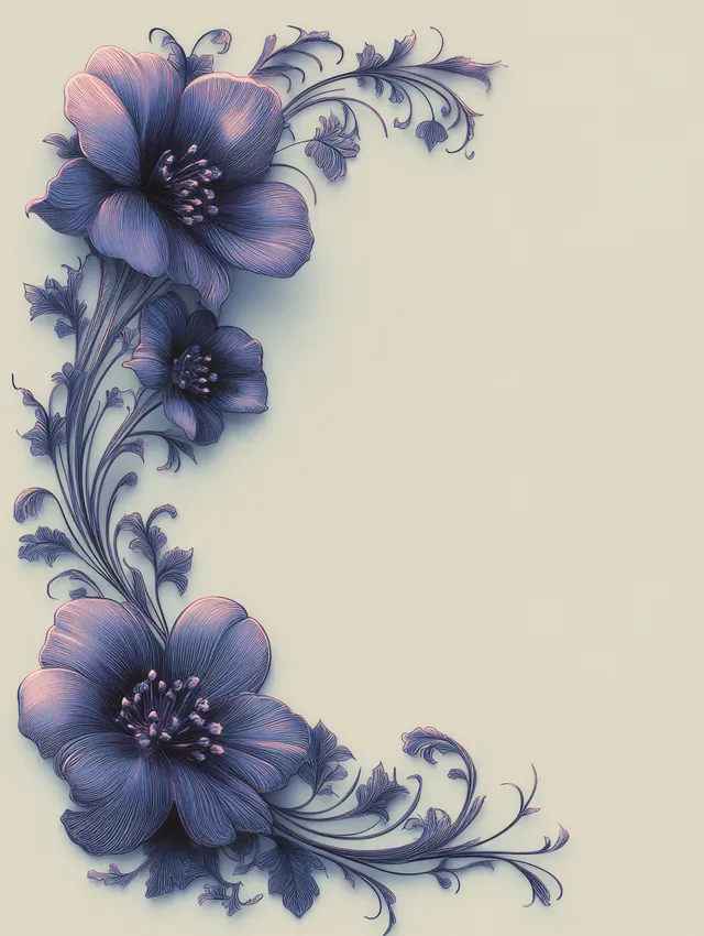 Purple and pink corner floral ornament with curled leaves and vine-like swirls on a pale background.