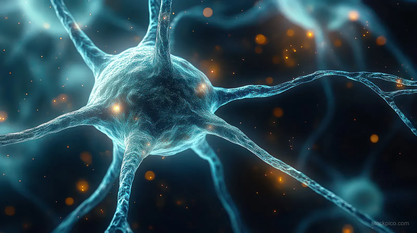 A glowing neuron cell extends branching dendrites and an axon with orange particles indicating neural activity on a dark background.