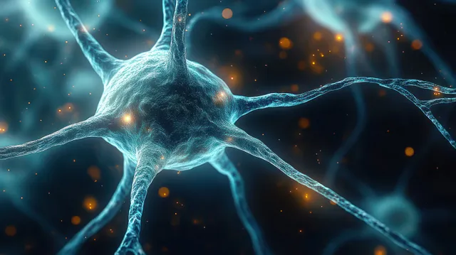 A glowing neuron cell extends branching dendrites and an axon with orange particles indicating neural activity on a dark background.