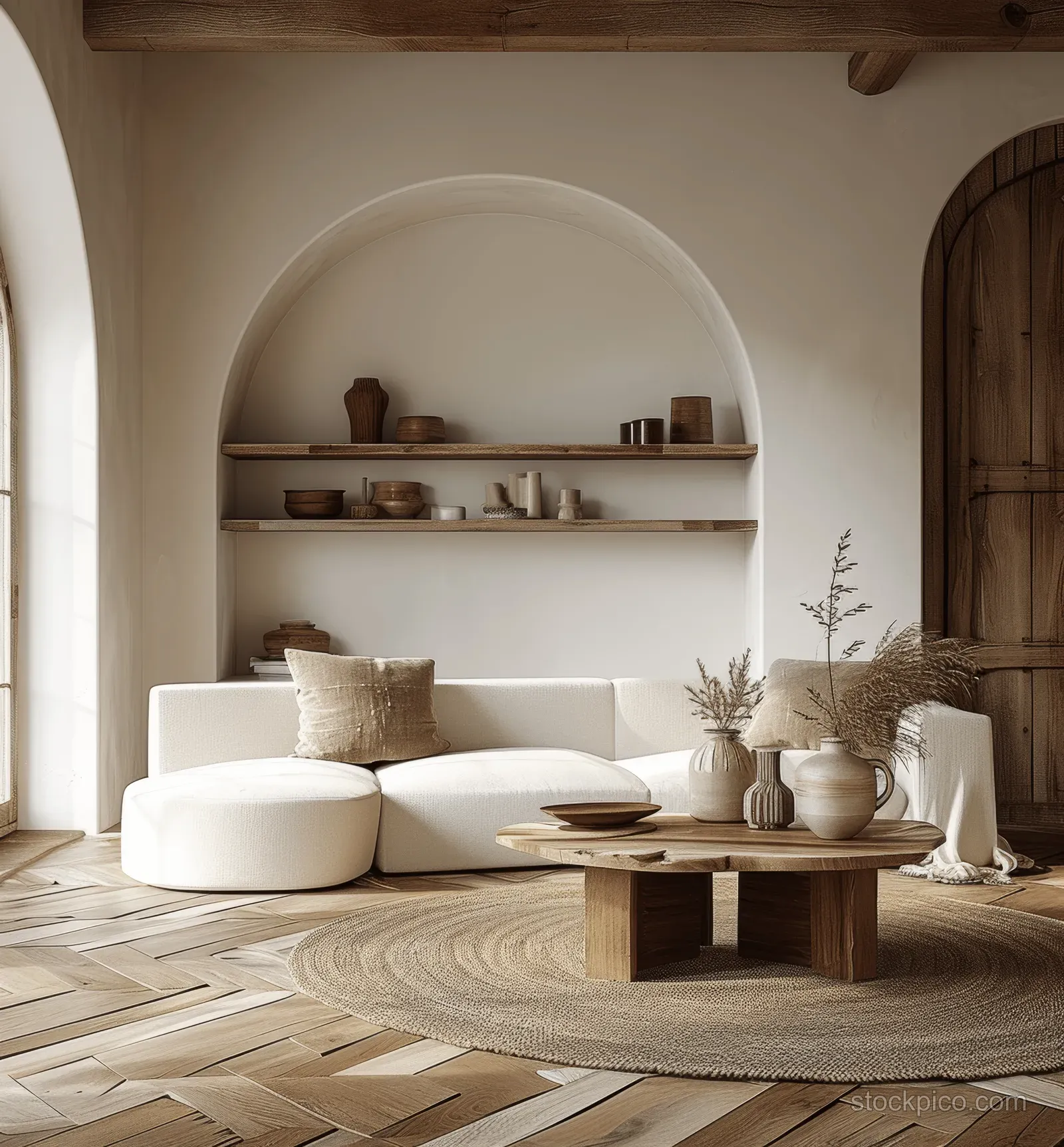 Minimal bohemian living room interior with a light sofa, woven cushion, arched shelves, and potted plant by a wooden coffee table.
