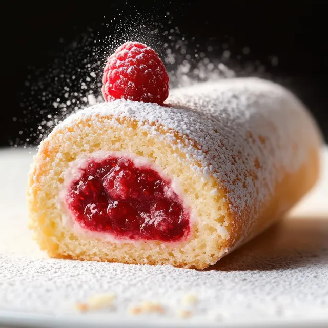 Close-up of raspberry jam sponge cake roll dusted with powdered sugar on a plate