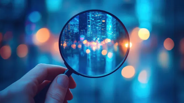 A hand holds a magnifying glass over a blue blurred background with glowing bokeh lights.