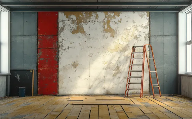Orange ladder beside plasterboard work on an industrial wall with tools in an empty room.