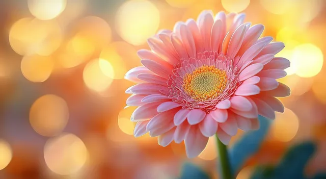 Pink gerbera daisy in close-up with a yellow center and warm glowing bokeh lights behind it.