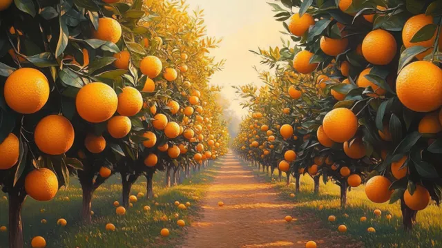 Sunlit orchard path between orange trees heavy with ripe fruit under golden sky