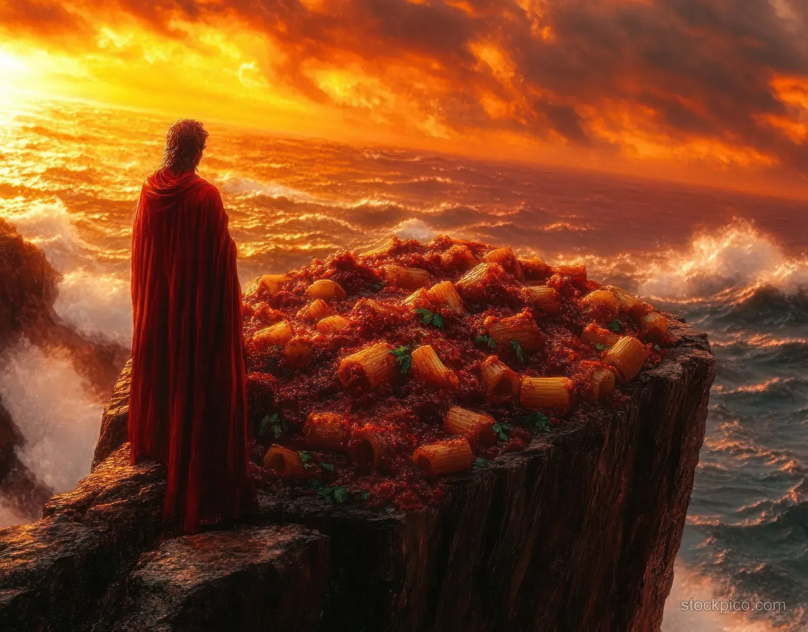 A red-cloaked person stands on a rocky ocean cliff beside a giant rigatoni pile with red sauce at sunset.