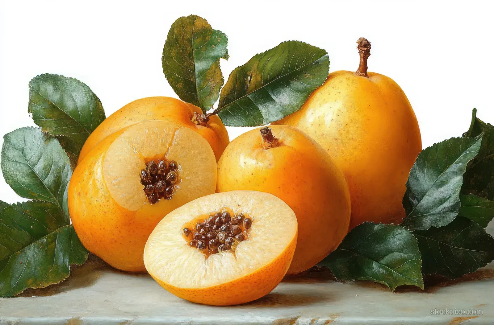 Close-up of ripe yellow-orange fruit, whole and halved, with juicy interiors and brown seeds, surrounded by fresh green leaves.