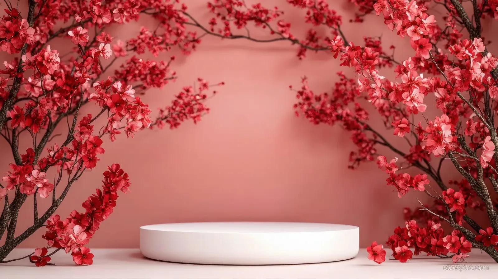 White round podium centered between red cherry blossom branches on a soft pink background.