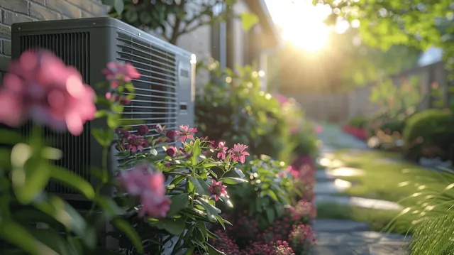 Air-source heat pump outdoor unit installed beside blooming garden flowers and a winding pathway in warm sunlight.