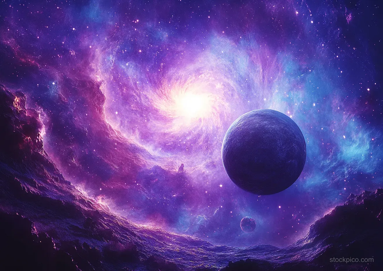 A bright spiral galaxy with a glowing core, dark planets, and colorful nebula clouds in deep space.