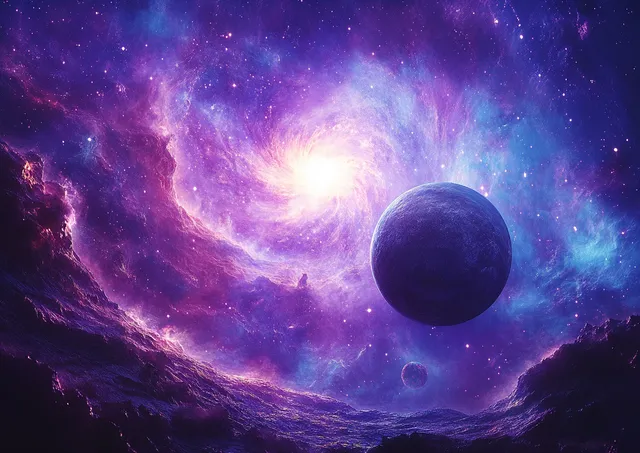 Glowing spiral galaxy with bright core, dark planets, and swirling nebula clouds in deep space