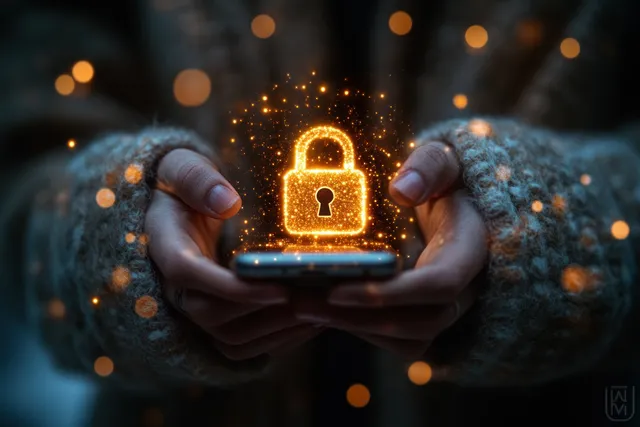 Hands holding a smartphone with glowing lock icon, secure privacy protection overlay