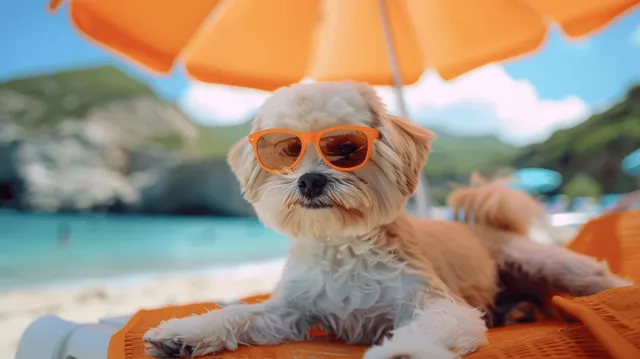 Shih tzu lounges on beach chair wearing orange sunglasses under striped umbrella