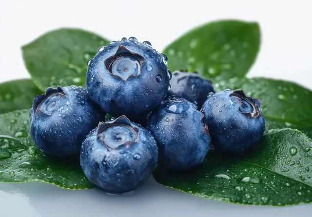 Fresh blueberries on green leaves with water droplets against a clean white background.