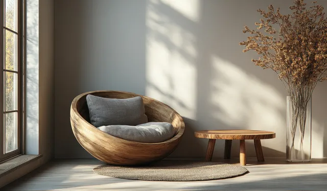Gray fabric armchair sits on a rug beside a curved wooden coffee table in a sunlit Scandinavian living room.