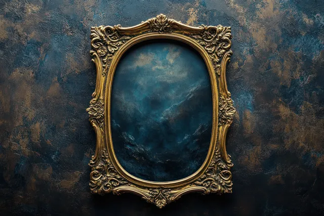 Ornate golden oval empty frame with baroque carving hangs on a mottled dark blue textured wall.