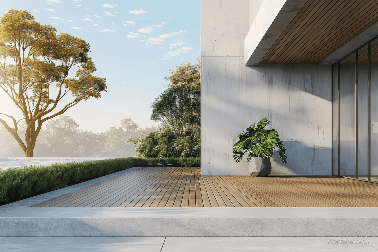 3D render of a wooden terrace next to a concrete wall with glass doors and a potted plant in daylight.