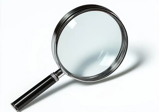 Handheld magnifying glass close-up casting a sharp shadow on a white background