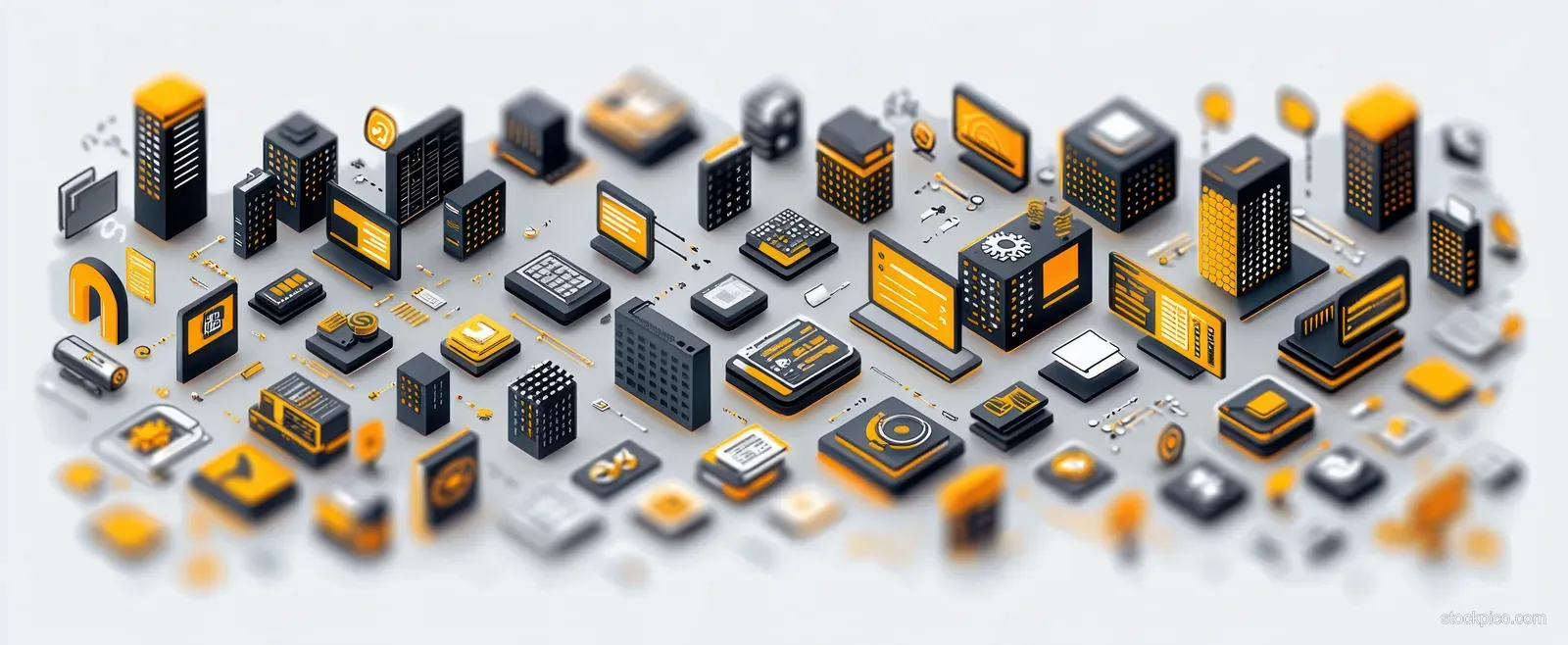 Isometric network of connected servers, laptops, and data icons with coding and interface symbols.