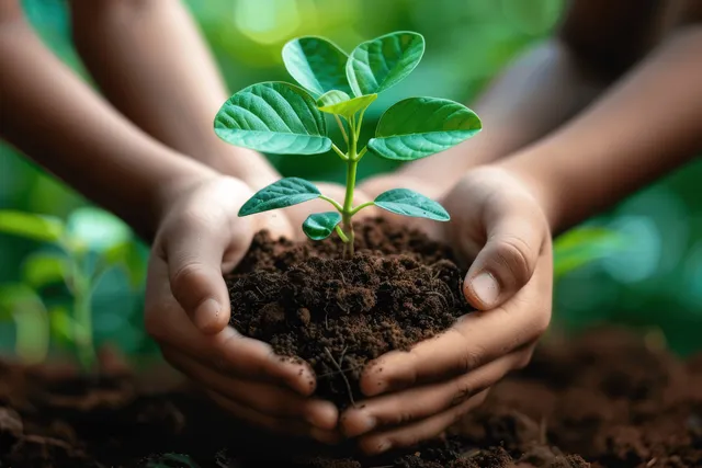 Diverse hands gently hold a young seedling emerging from rich soil, symbolizing eco-awareness and environmental sustainability.