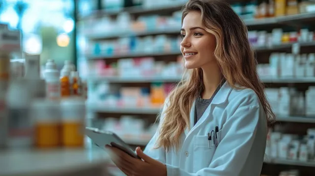 Uma farmacêutica sorridente revisa documentos de prescrição em um corredor de farmácia moderna ladeado por frascos de remédio.