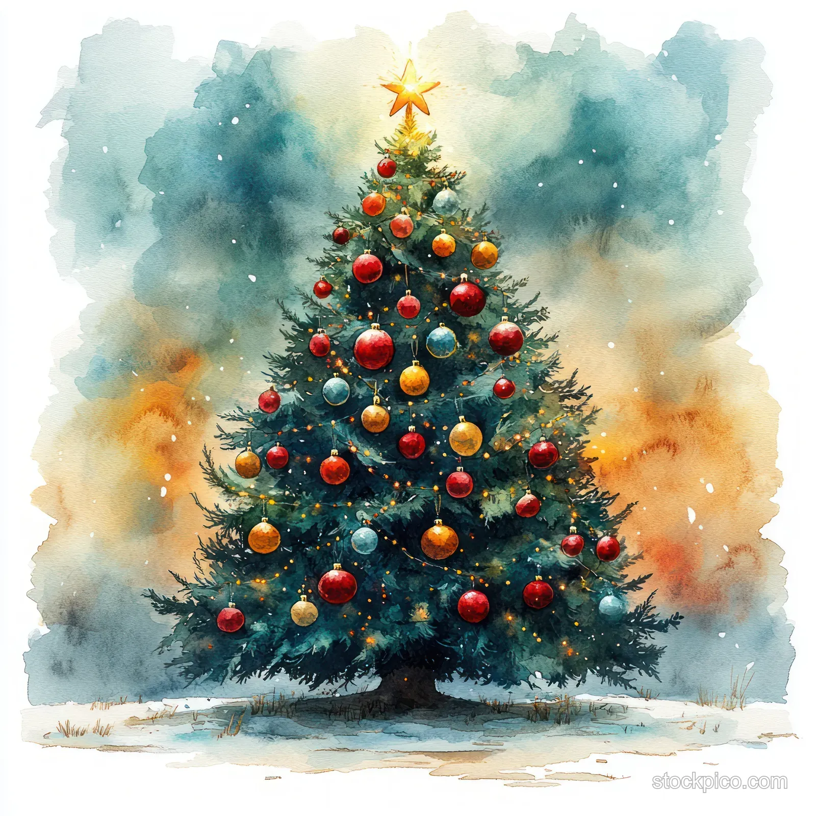 Watercolor illustration of a decorated Christmas tree with a golden star against a snowy winter background wash.